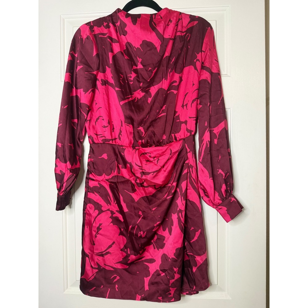 Zara Pink Burgundy Floral Satin Mini Dress High Neck Long Sleeve 2124/747 S
